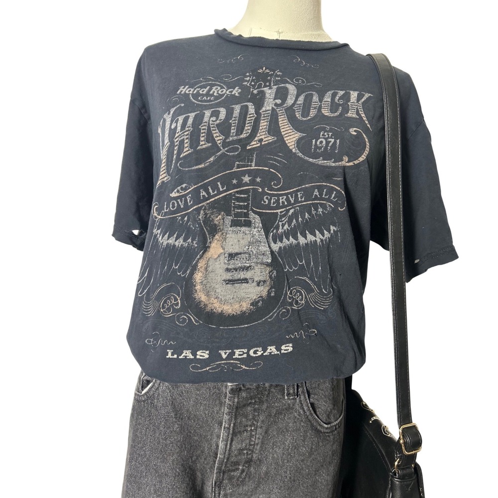 y2k‎ Hard Rock Cafe Las Vegas Distressed Graphic Tee Faded Black Guitar Small